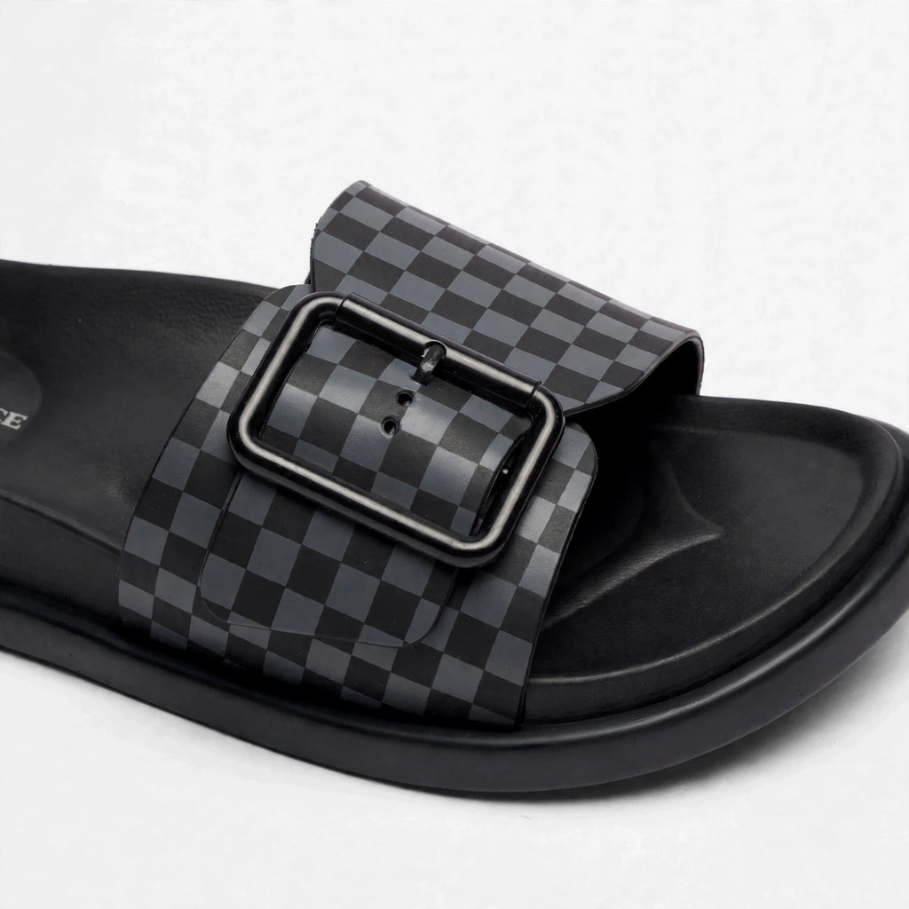 Grey and black slide sandals, pair front view