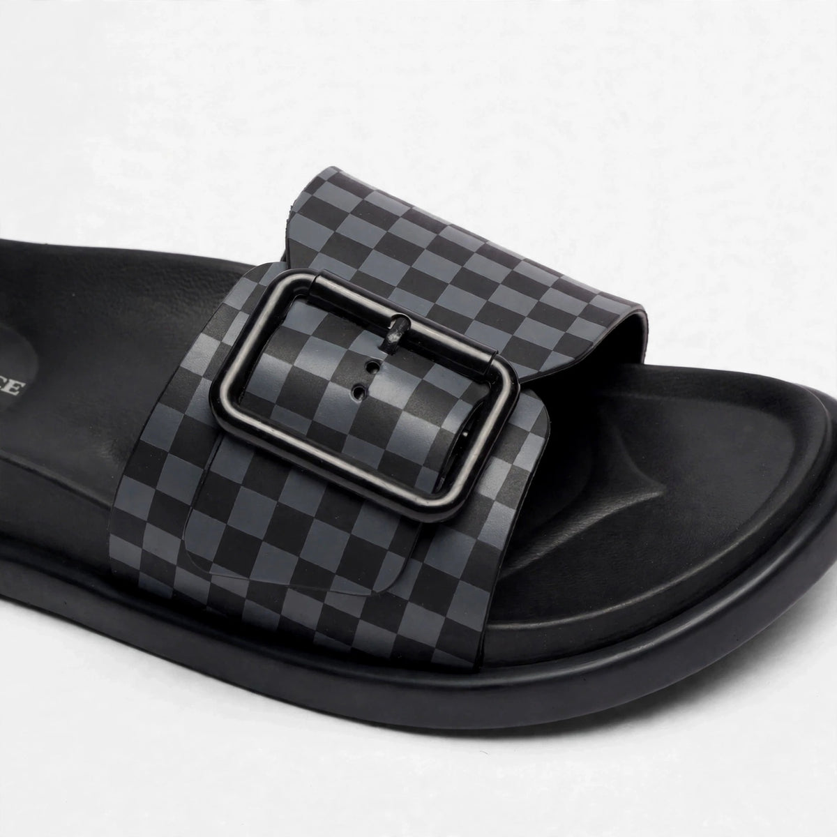Grey and black slide sandals, pair front view