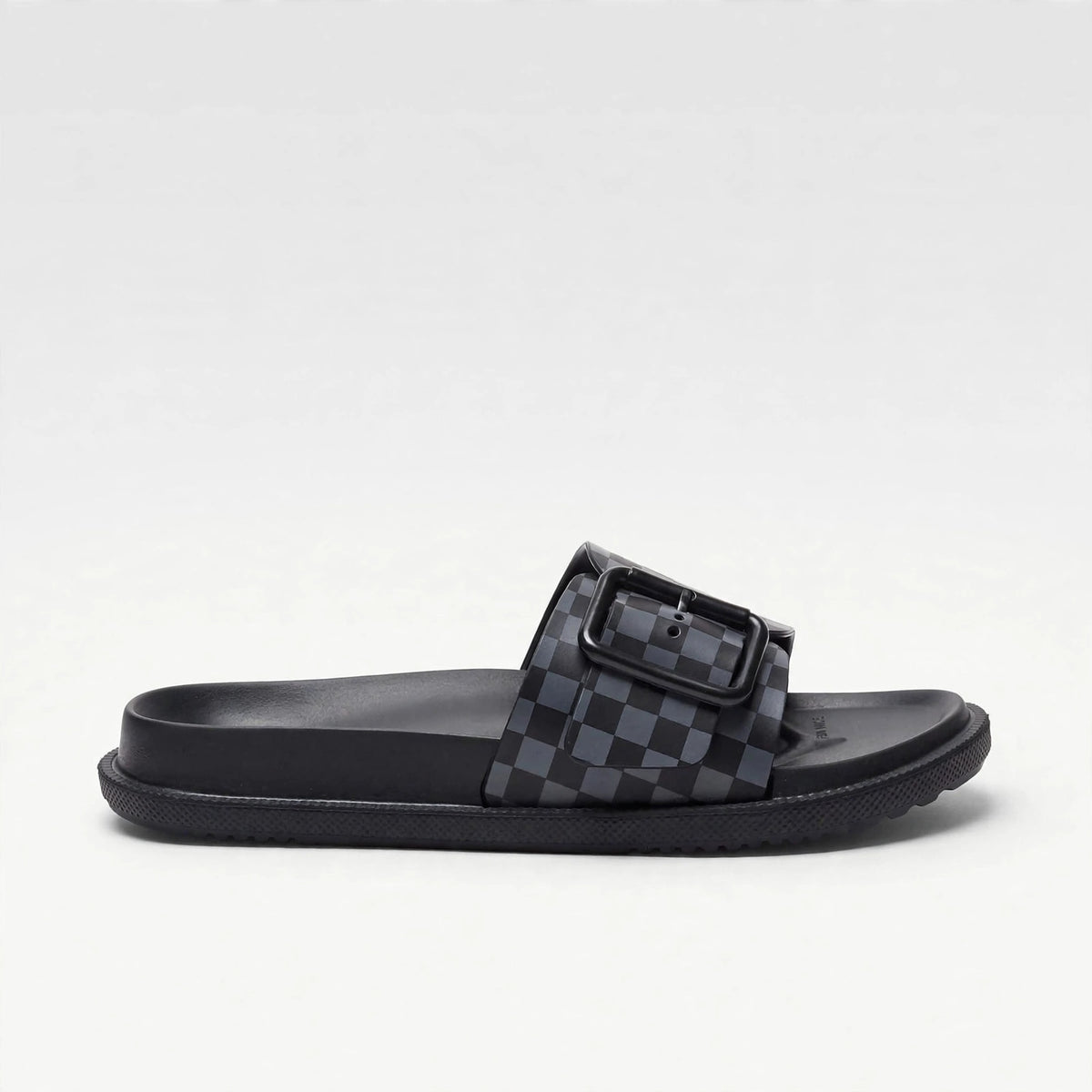 Grey and black slide sandal, side profile view