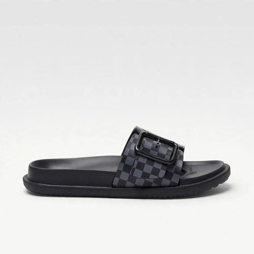 Grey and black slide sandal, side profile view