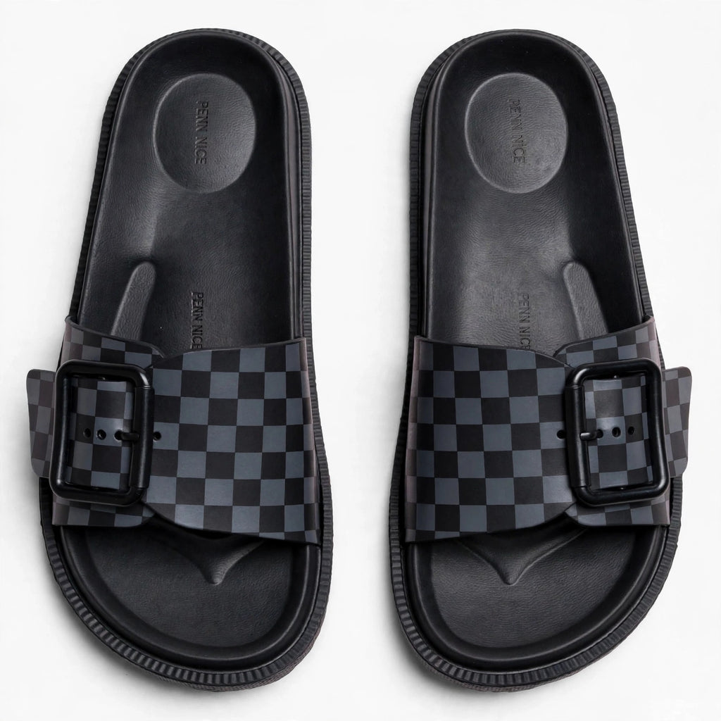 Grey and black slide sandals, top-down view