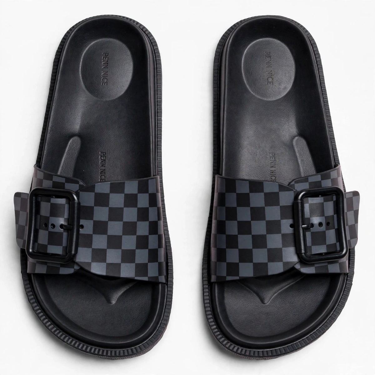 Grey and black slide sandals, top-down view