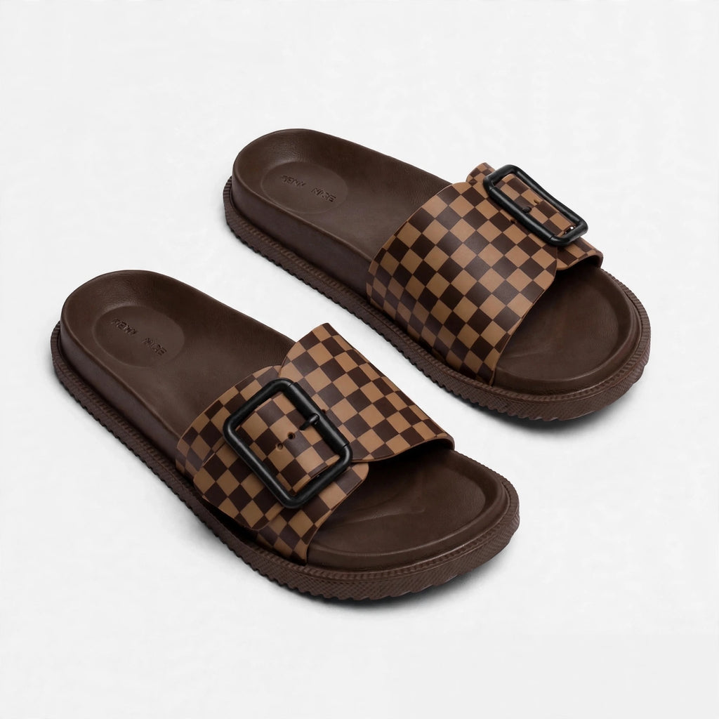 Men's Checkered Buckle Slide - Brown