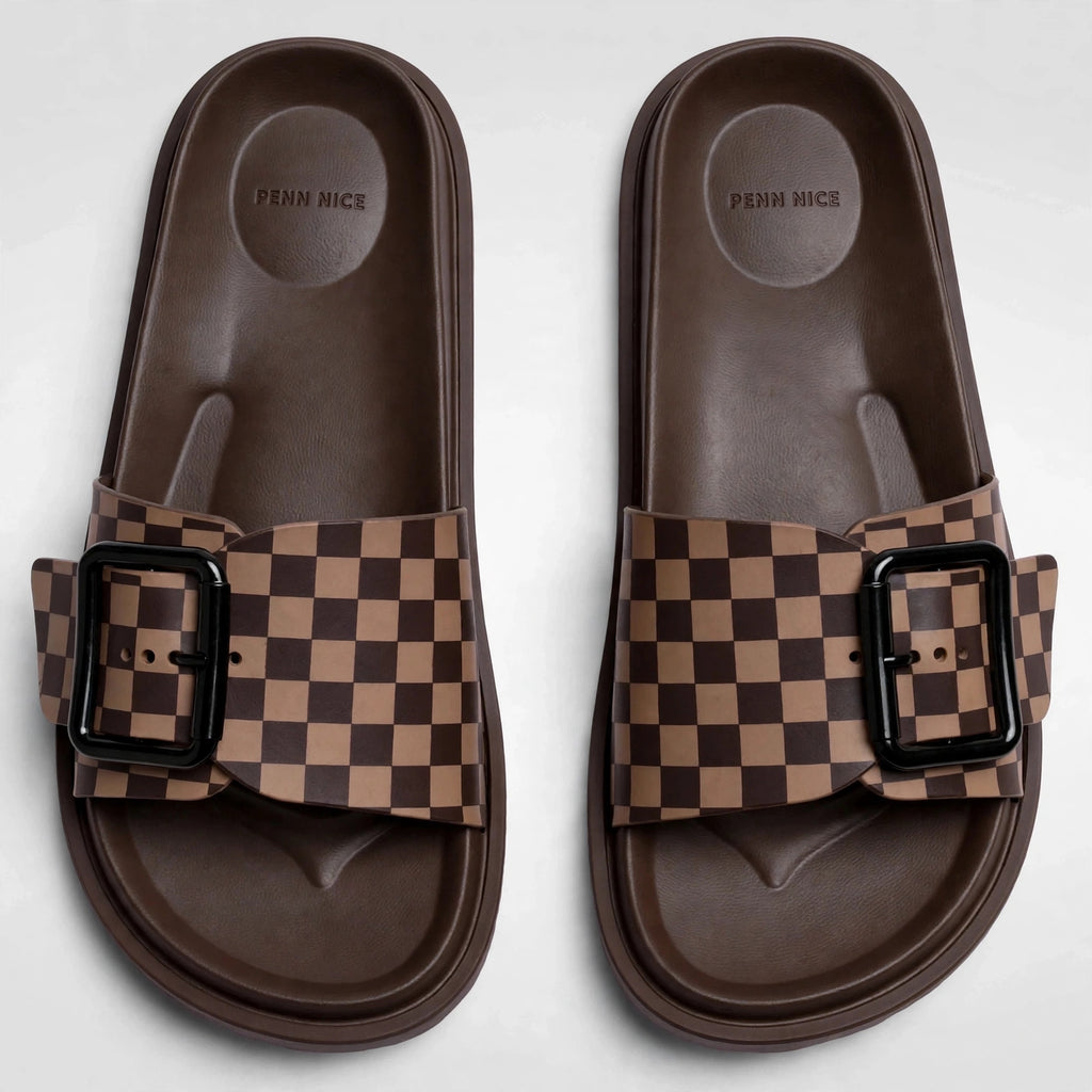 Men's Checkered Buckle Slide - Brown