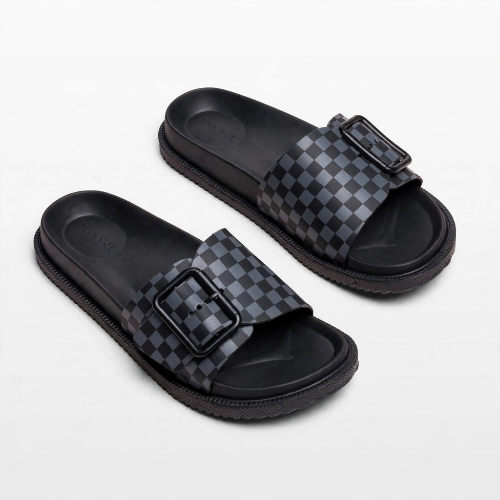 Grey and black slide sandals, diagonal pair view