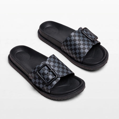 Grey and black slide sandals, diagonal pair view