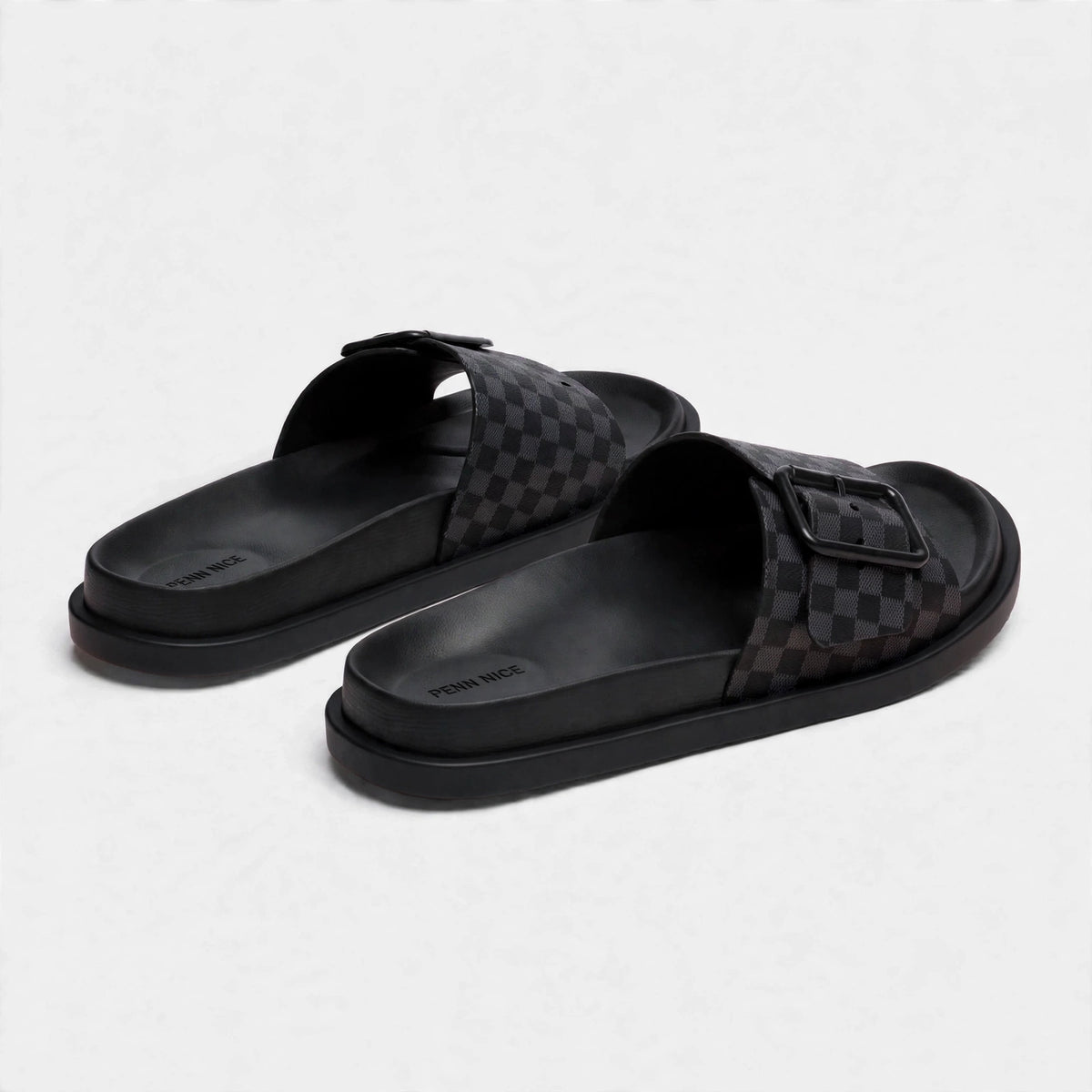 Grey and black slide sandals, rear view of pair