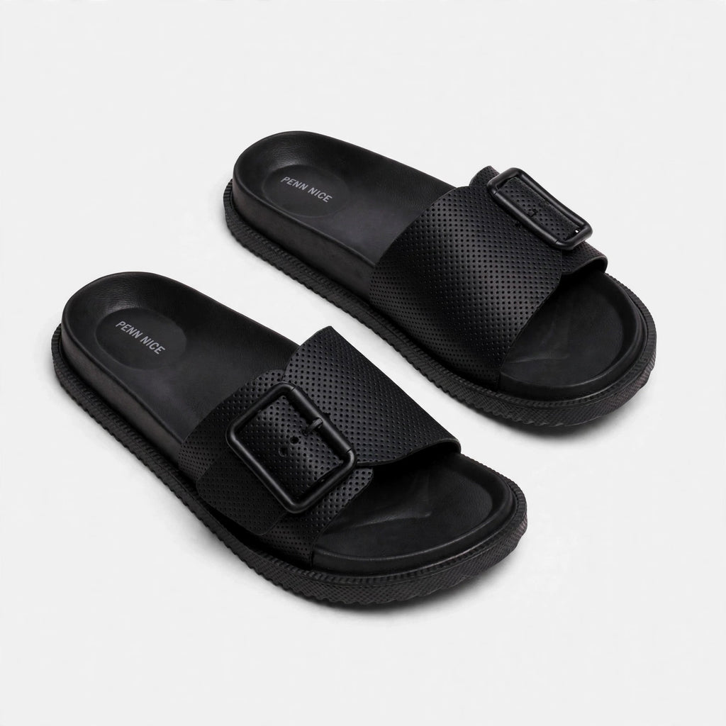 Black buckle slide sandals, diagonal pair view