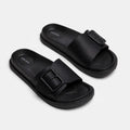 Black buckle slide sandals, diagonal pair view