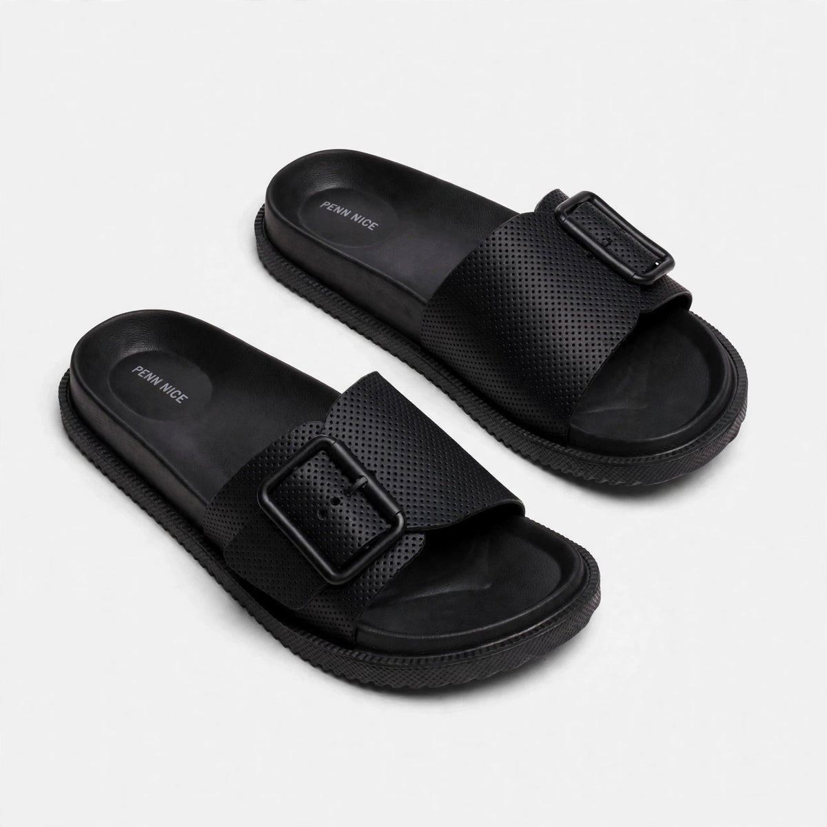 Black buckle slide sandals, diagonal pair view