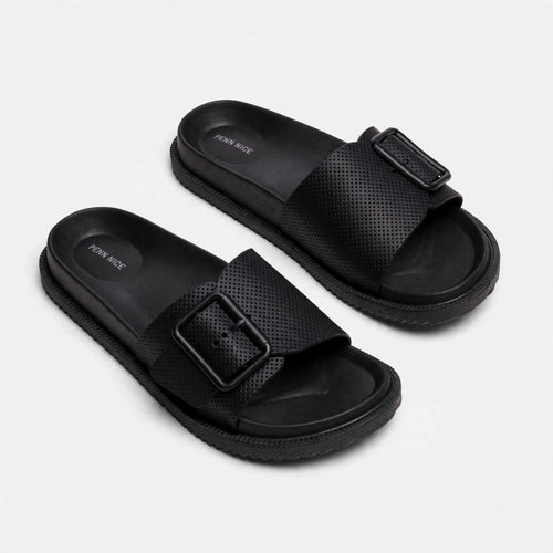 Black buckle slide sandals, diagonal pair view
