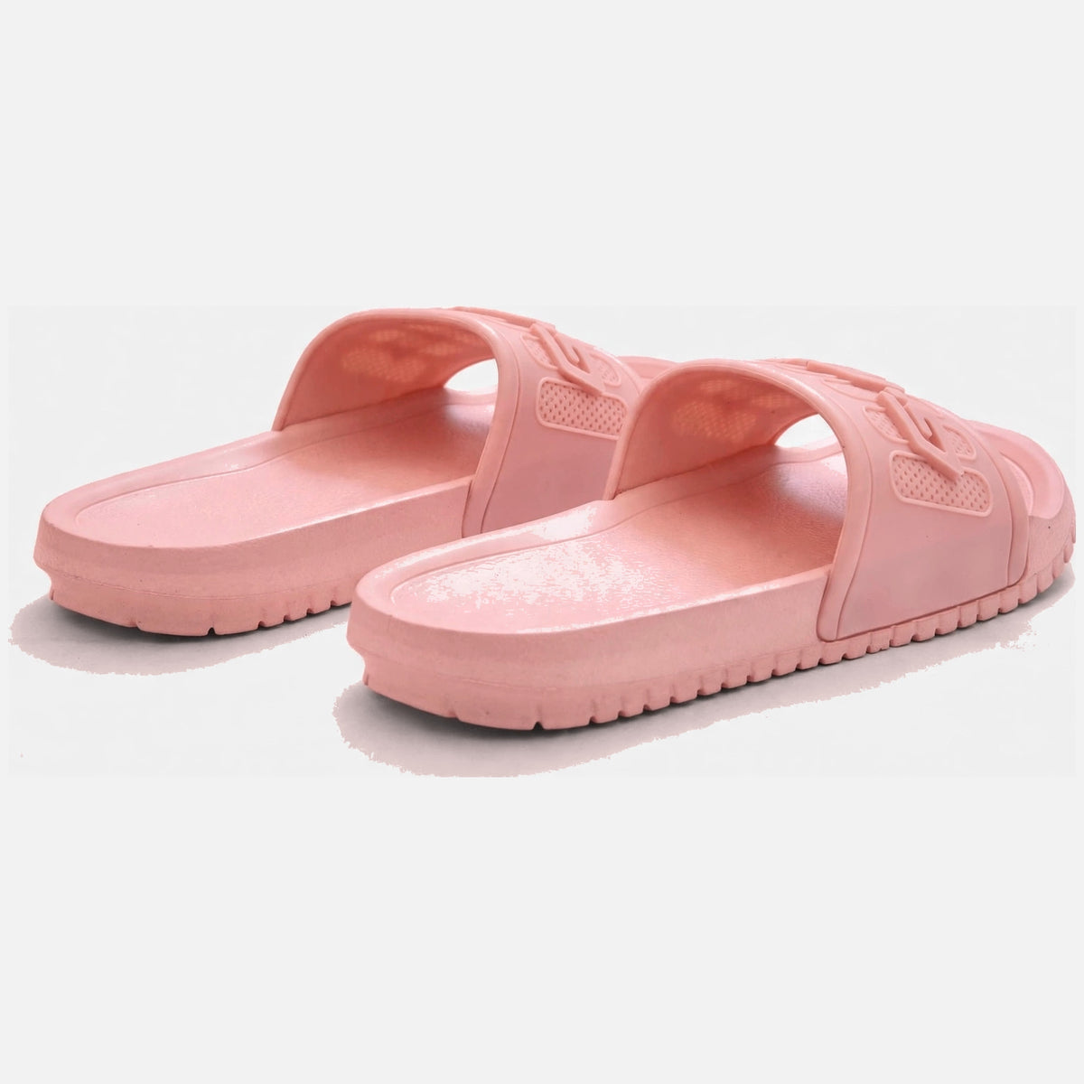 Soft pink slide sandals, rear view of pair