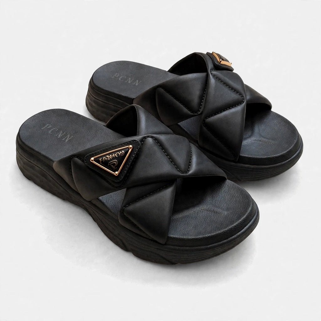 Danchi women's black slide sandals, pair front view
