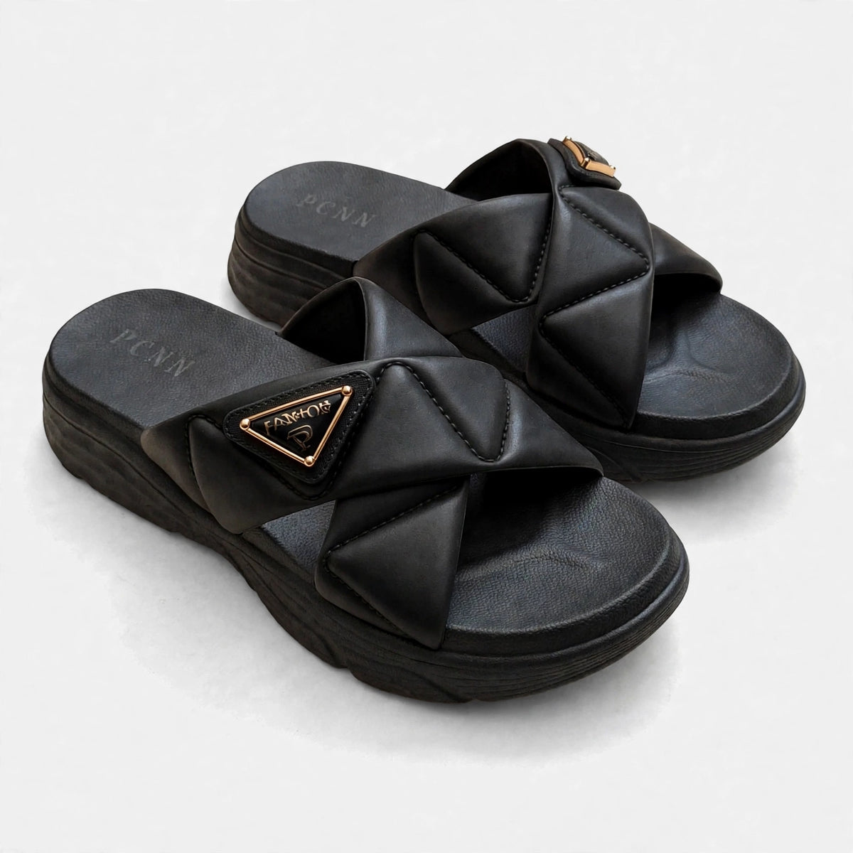 Danchi women's black slide sandals, pair front view