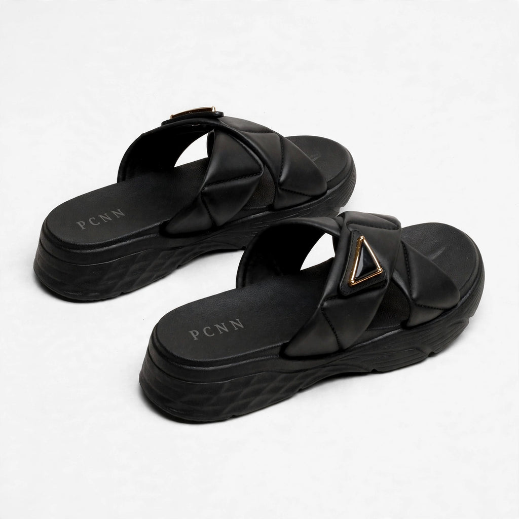 Black slide sandals, rear view of pair
