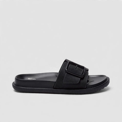 Black slide sandal, side profile view