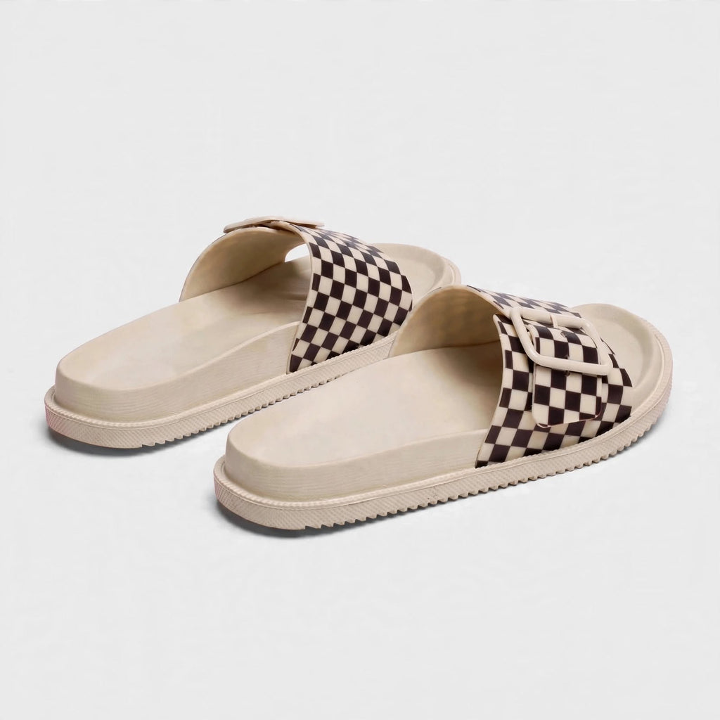 Cream slide sandals, rear view of pair