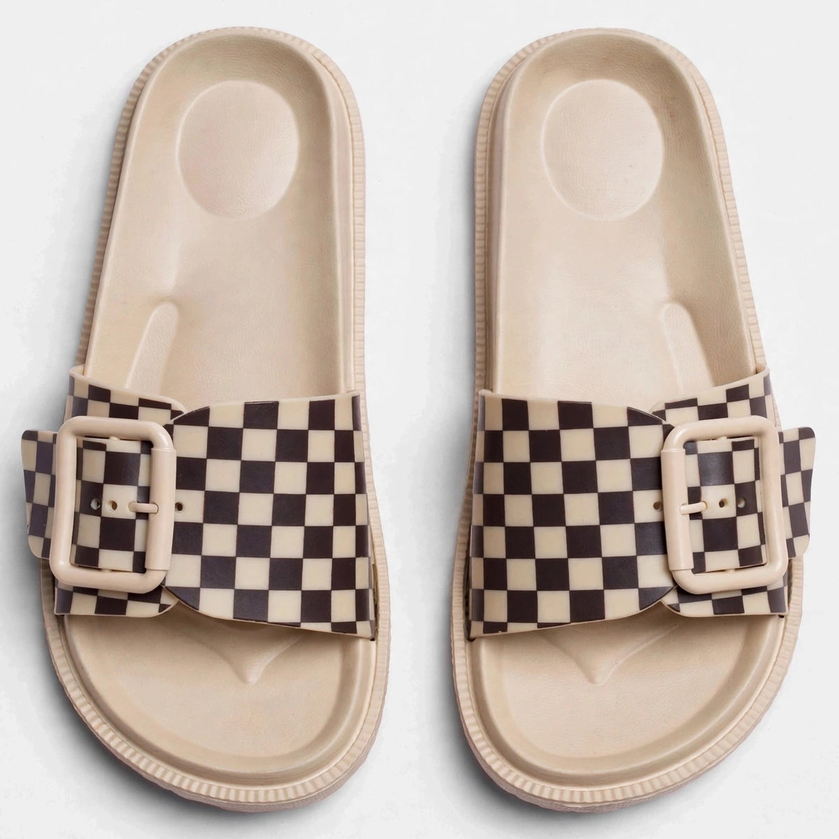 Cream slide sandals, top-down view of both slides