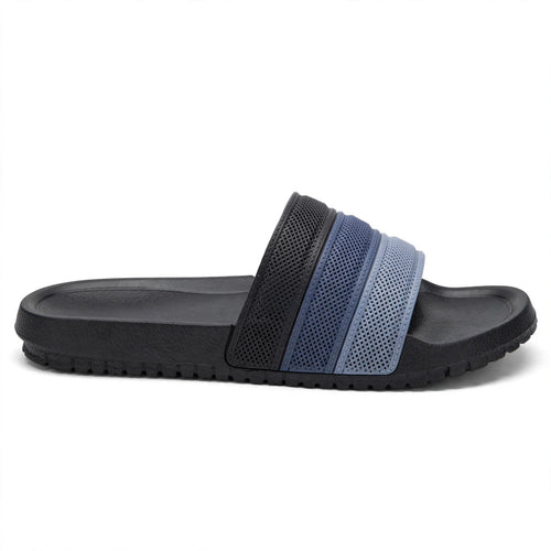 Black slide sandal, side profile view