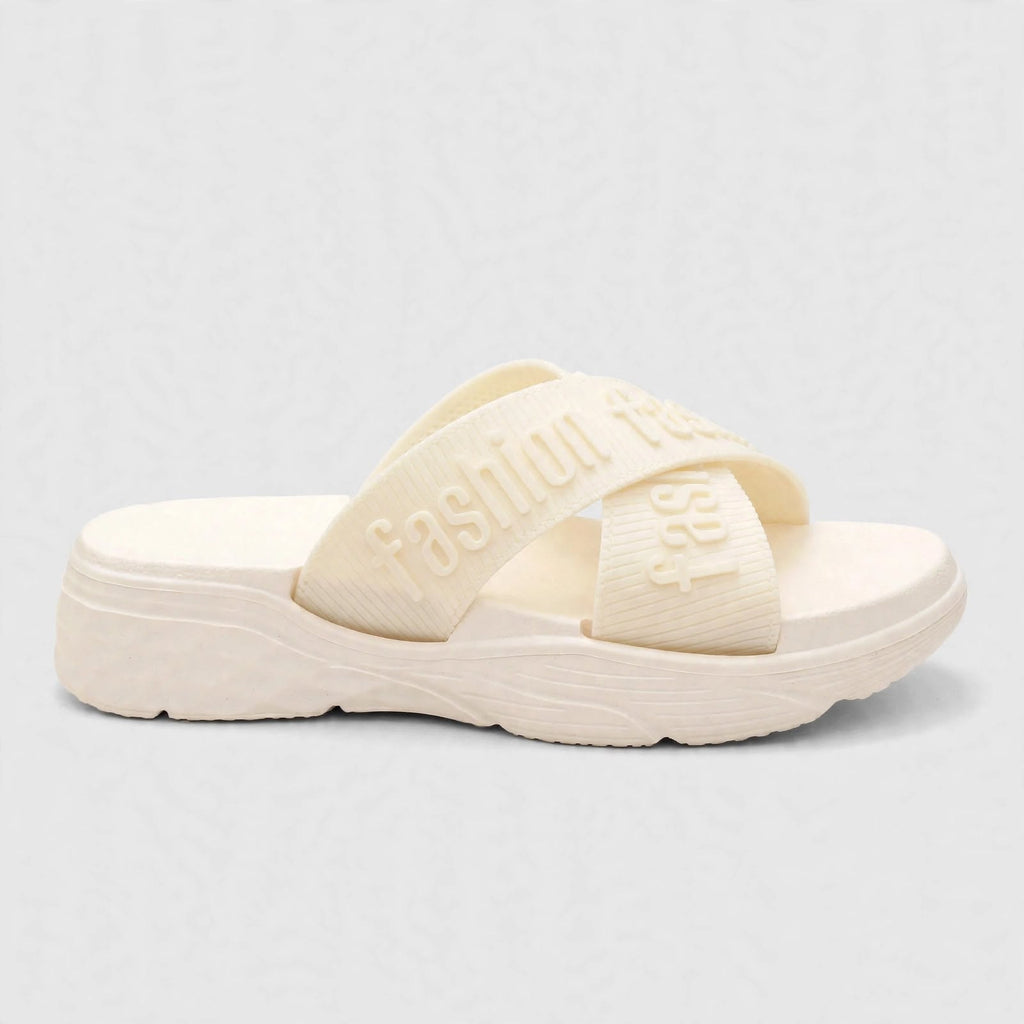 Ivory slide sandal with adjustable buckle strap, side view