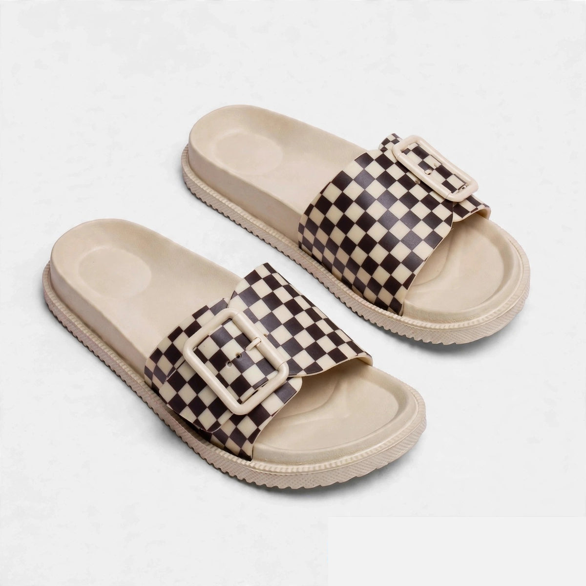 Cream slide sandals, diagonal pair view