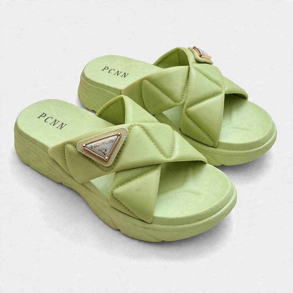 Danchi women's green slide sandals, pair front view