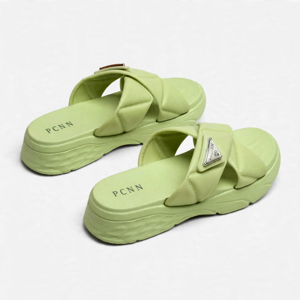Green slide sandals, rear view of pair
