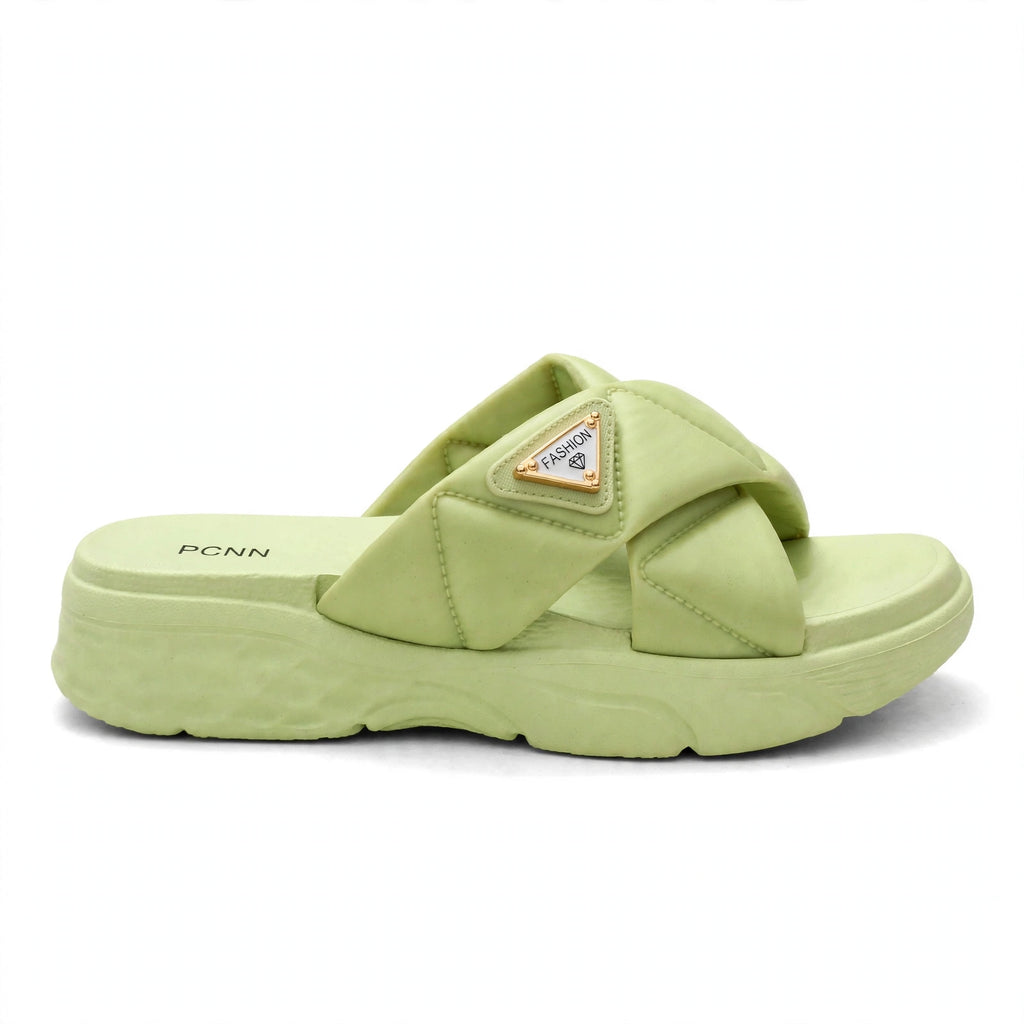 Green slide sandal, side profile view