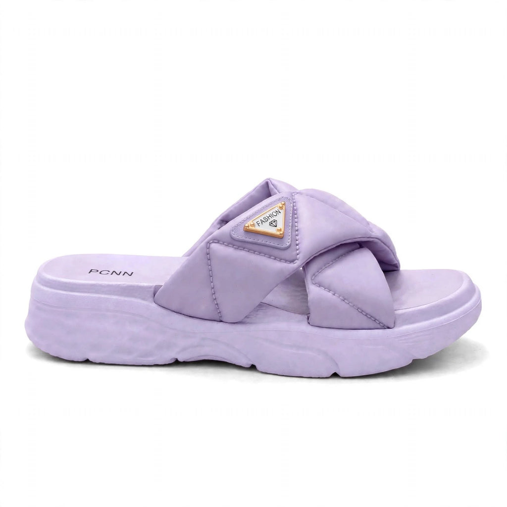Purple platform slide sandal, side profile