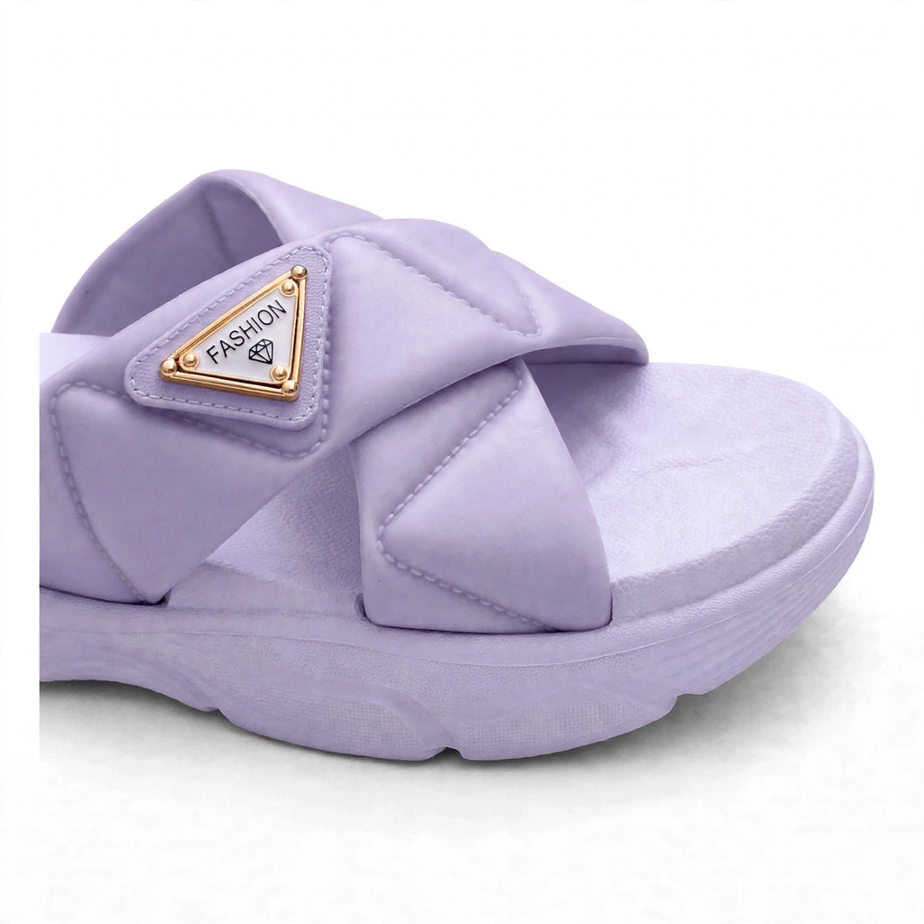 Purple slide sandal strap badge detail