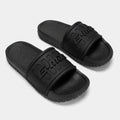 Matte black slide sandals, pair front view