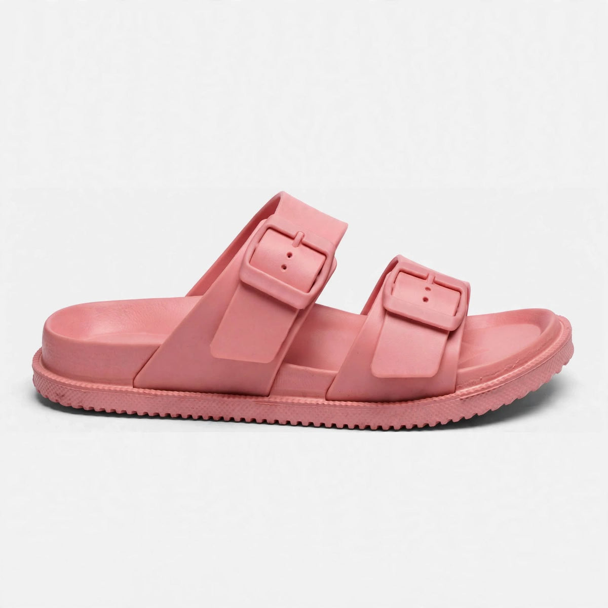 Pink double-buckle slide sandal buckle close-up