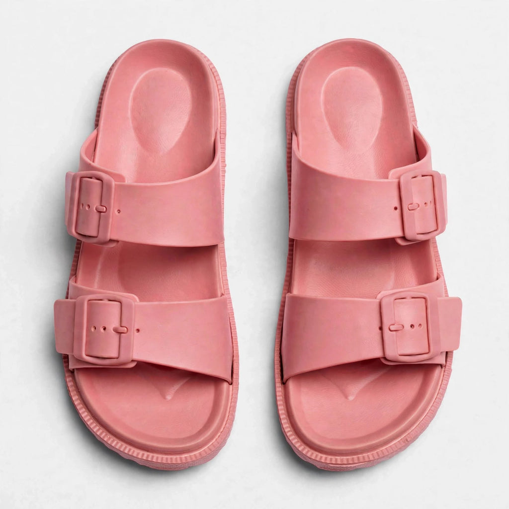 Danchi women's pink double-buckle slide sandals, pair view