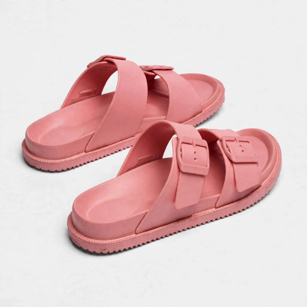Pink platform slide sandals, back view of pair