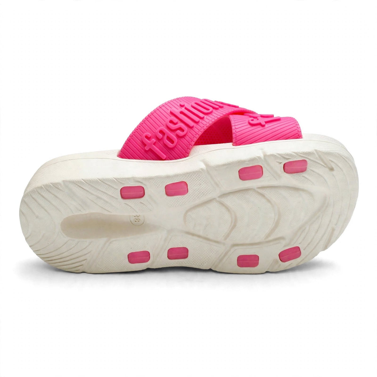 Pink slide sandal outsole, bottom tread view