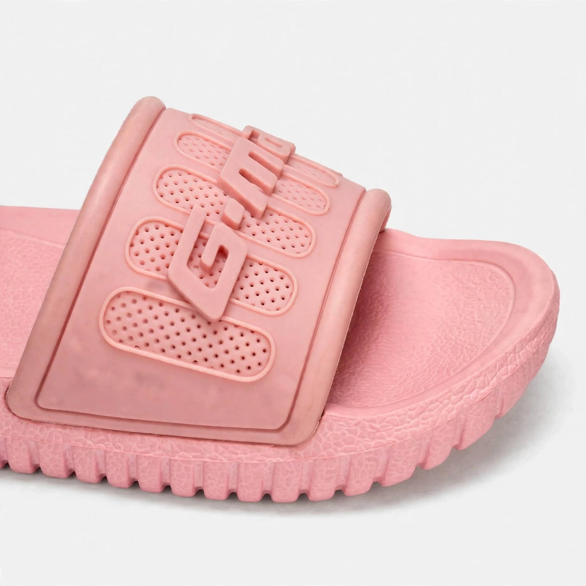 Danchi women's soft pink slide sandal, buckle close-up