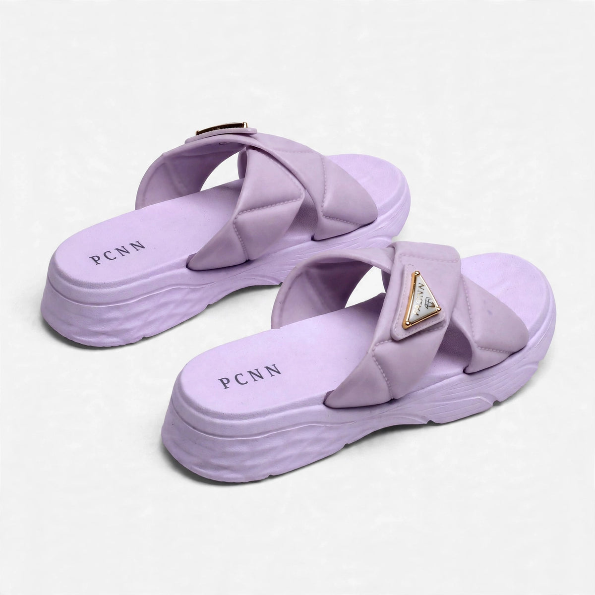 Purple slide sandals, rear view of pair