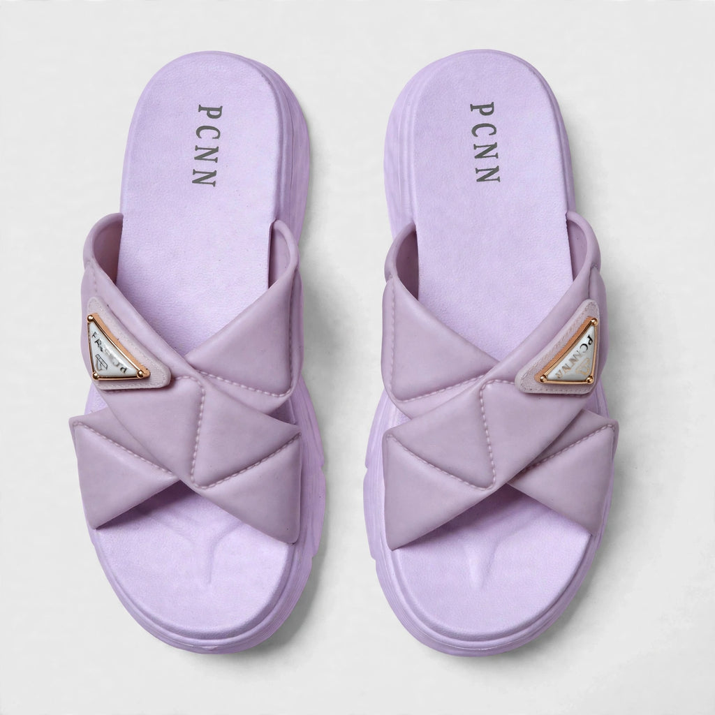 Purple slide sandals, top-down view of both slides