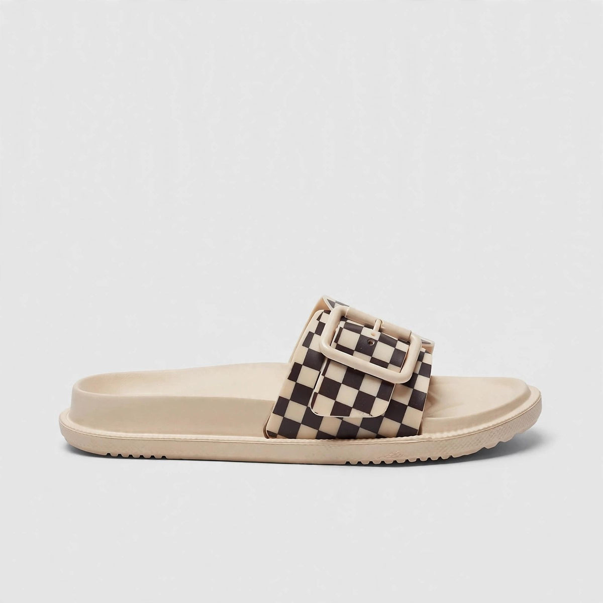 Cream slide sandal, side profile view