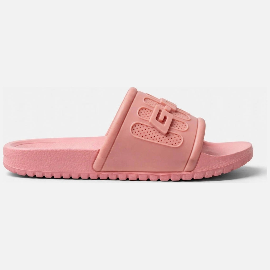 Soft pink slide sandal, side profile view