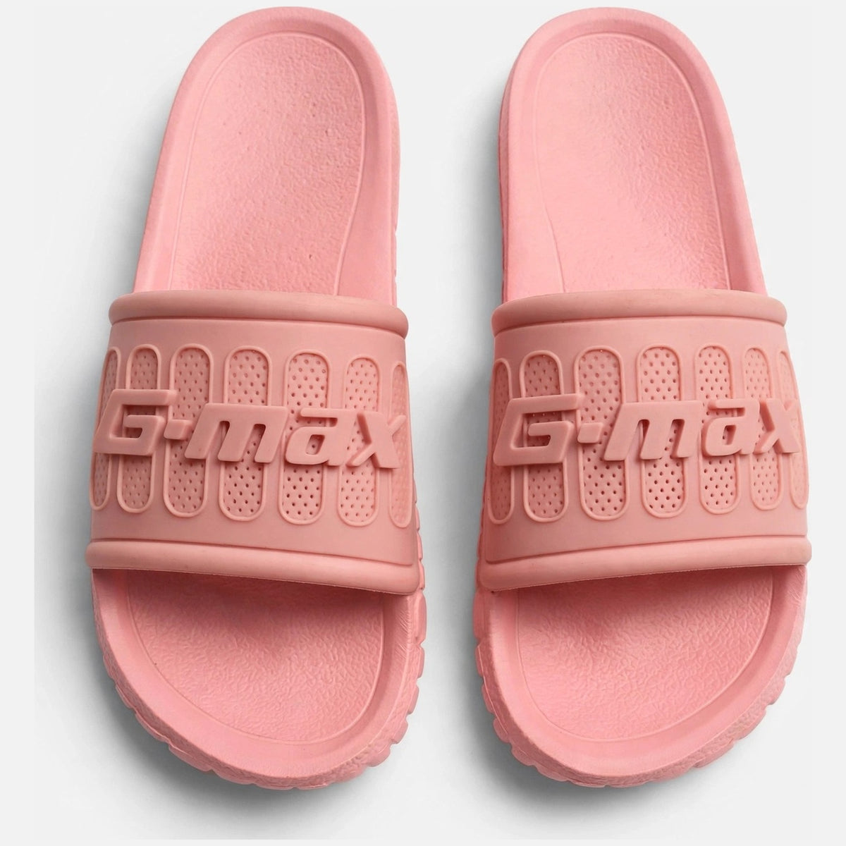 Soft pink slide sandals, top-down view of both slides